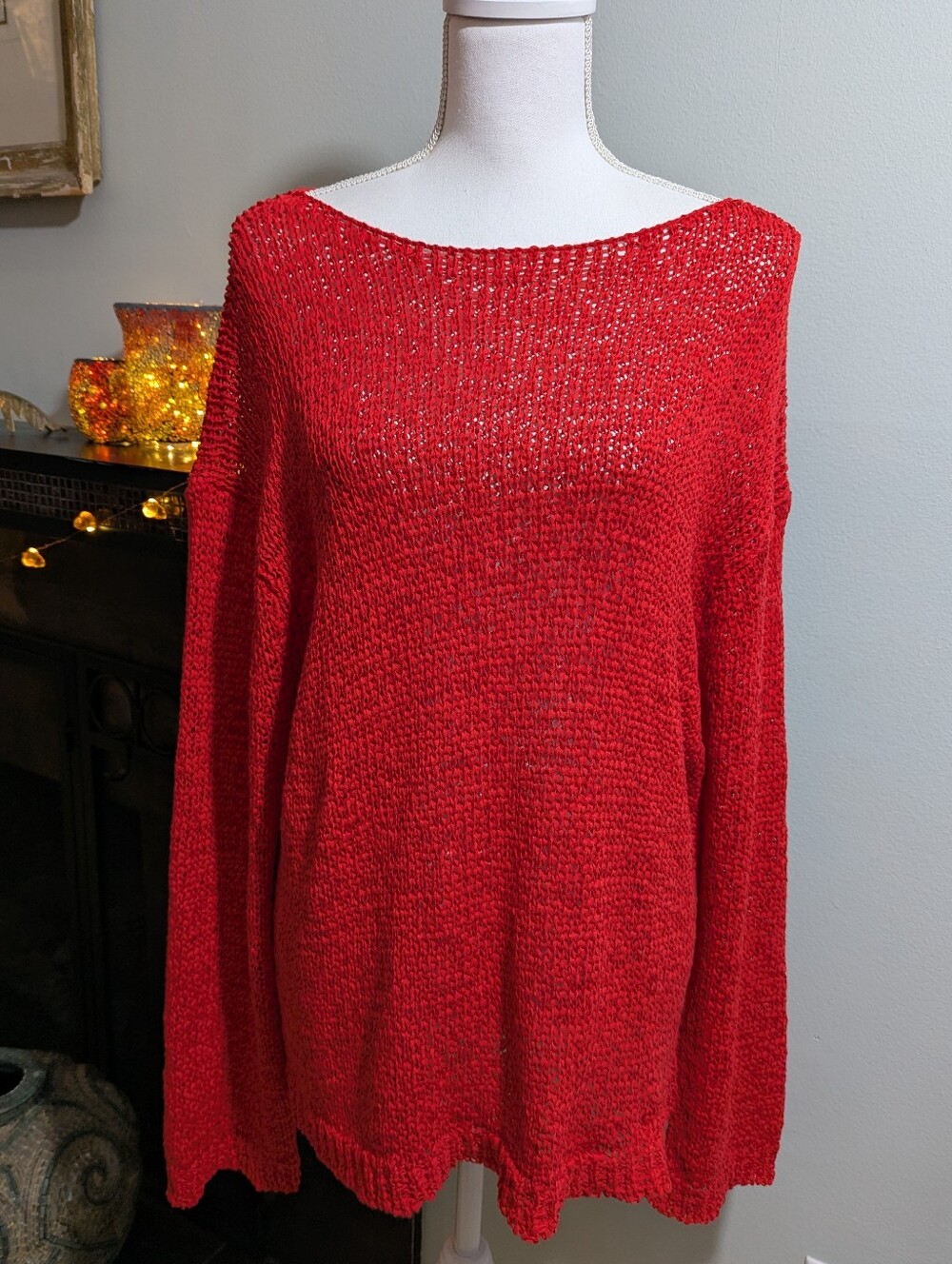 J.Crew Women's XL Montauk Relaxed Sweater in Vintage Red Open Knit Cotton Poly
